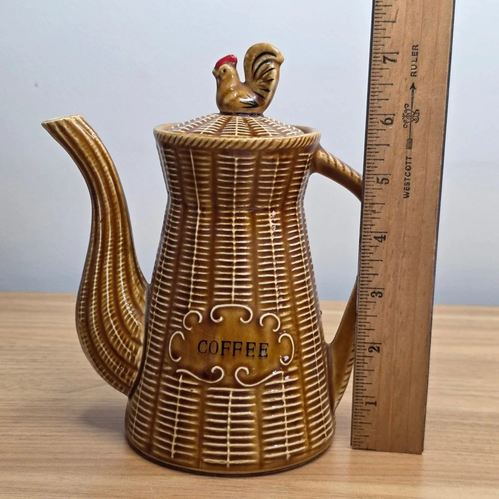 Vintage 1950s Rooster Coffee Tea‎ Pot Basket Weave Wicker Japan Brown Ceramic